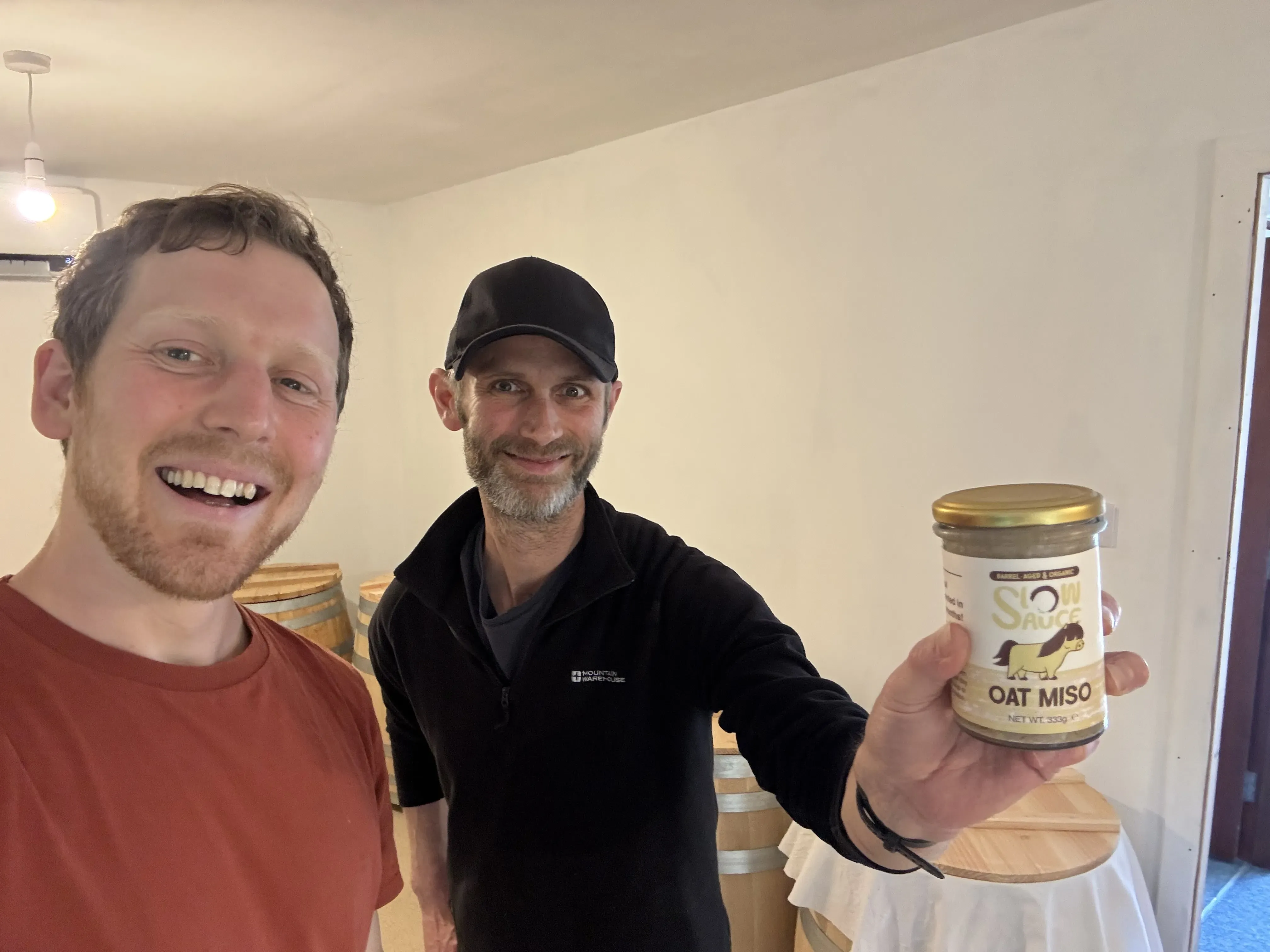 Tim Yeomans holding miso jar with Jono Hope